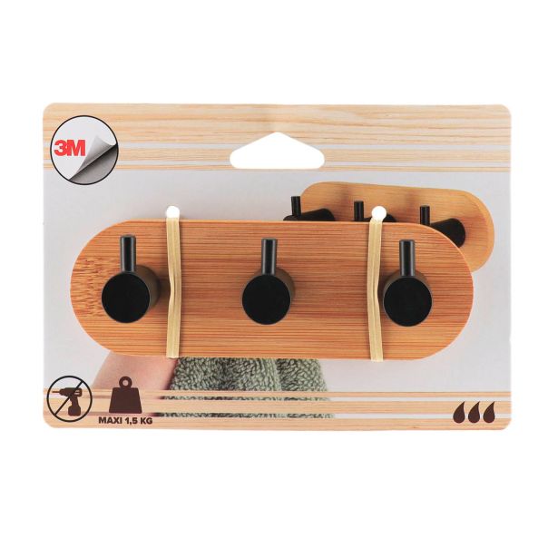 TENDANCE Čiviluk sa 3 kukice 3M 3.5x13.5x3.5cm, bambus/metal crna - 9062237