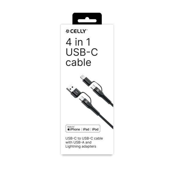 CELLY Kabl za telefon 4u1 USB-C na USB-C sa USB-A i Lightning nastavcima, crna - USBC4IN1BK