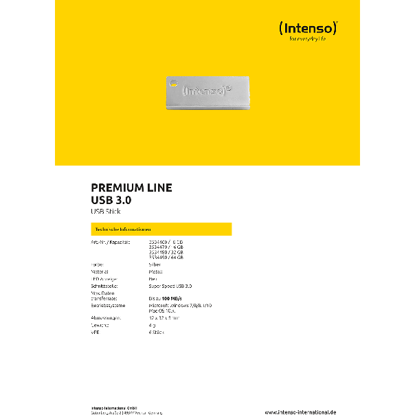 (Intenso) USB Flash 8GB Hi-Speed USB 3.0 up to 100MB/s, Premium Line - USB3.0-8GB/Premium Line - EP2952469