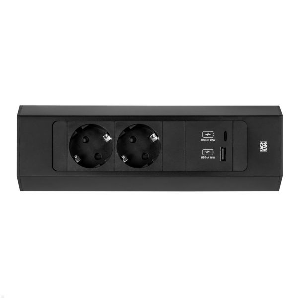 BACHMANN CASIA 2, Ugaona utičnica ALU,2 x šuk,1xUSB A/C charg, 2m, crna - 932.102