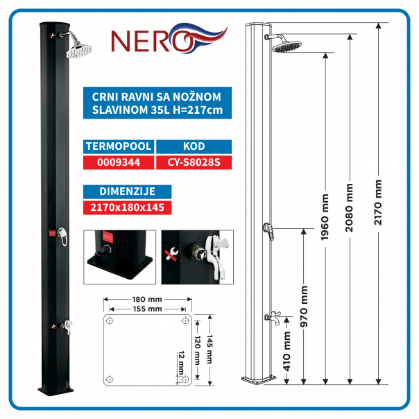 NERO Solarni tuš 35L crni ravni sa nožnom slavinom H=217cm - 9344