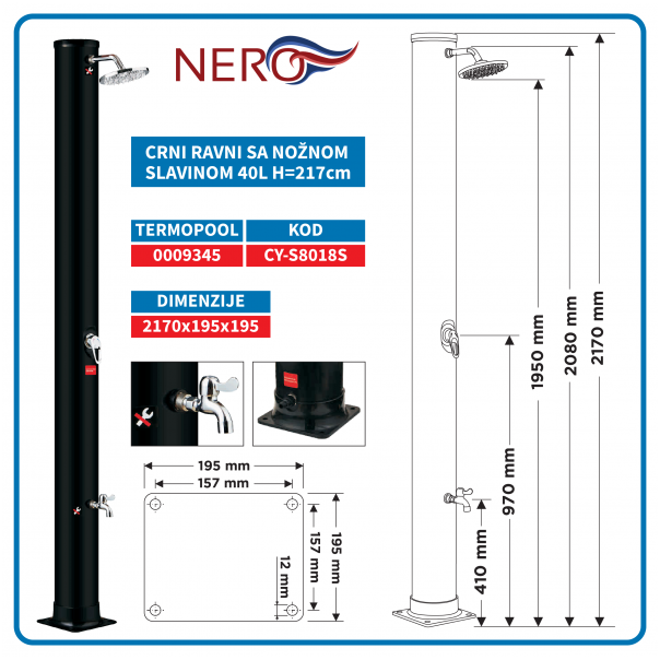 NERO Solarni tuš 40L crni ravni sa nožnom slavinom H=216cm - 9345