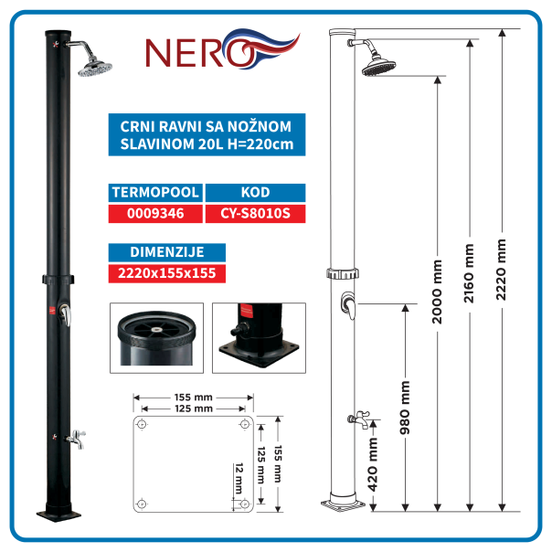 NERO Solarni tuš 20L crni ravni sa nožnom slavinom H=220cm - 9346