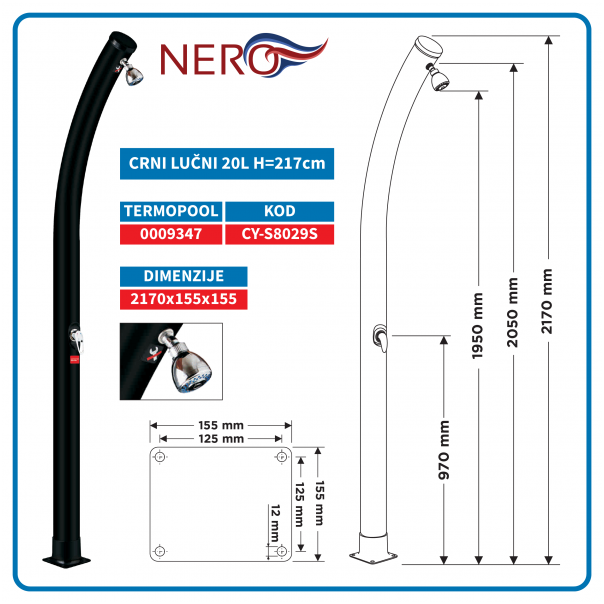 NERO Solarni tuš 20L crni lučni H=210cm - 9347