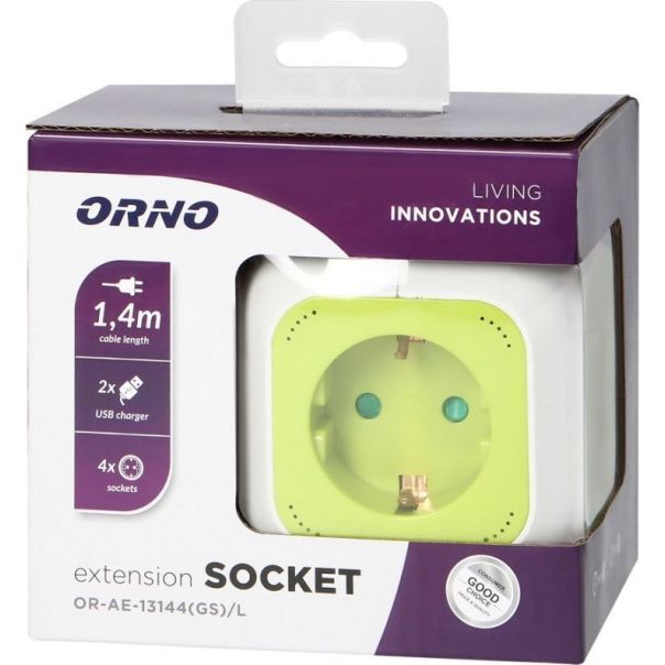 ORNO Produžni kabl sa 4 utičnice i 2xUSB 1.4m, belo/zelena - ORNOR-AE-13144(GS)-L