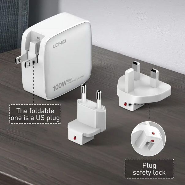 Kucni punjac sa adapterima LDNIO Q408 GaN PPS QC3.0 (30W), 3xPD3.0 (100W), 100W Max, sa Type C na Type C kablom beli - 217366
