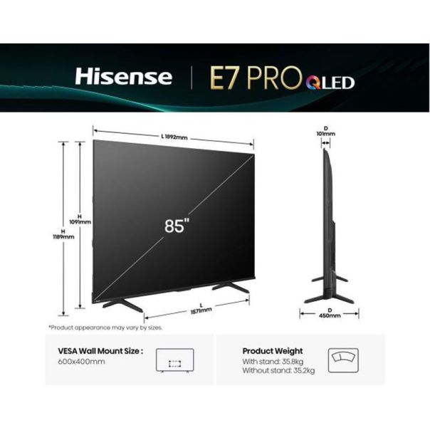 Televizor Hisense 85E7Q PRO, Smart, QLED, 4K UHD, 85