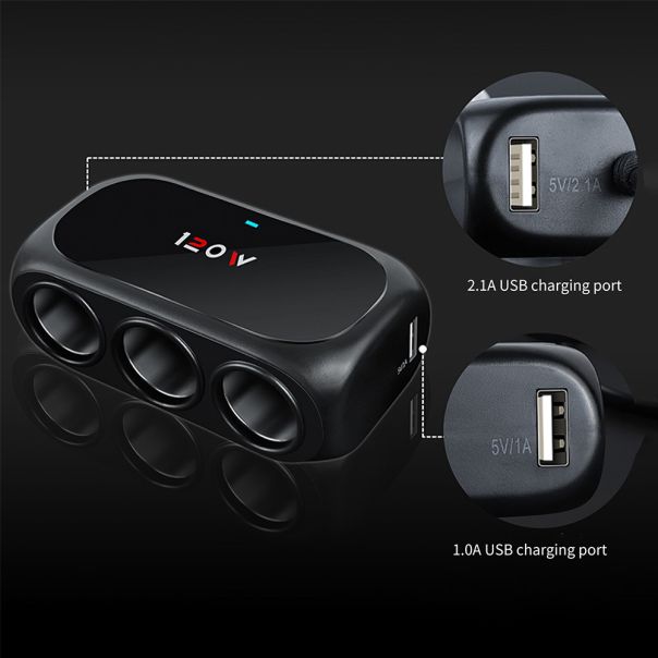 Adapter za upaljač WT-D23 sa 3 rupe+2XUSB, crna - A673