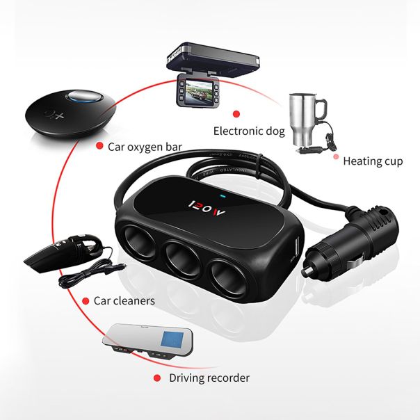 Adapter za upaljač WT-D23 sa 3 rupe+2XUSB, crna - A673