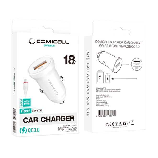 COMICELL Auto punjač Superior CO-BZ18 FAST 18W USB QC 3.0 Micro, bela - A703