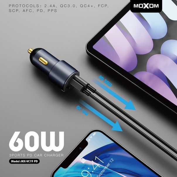 MOXOM Auto punjač MX-VC19 60W 3 ports, crna - A709