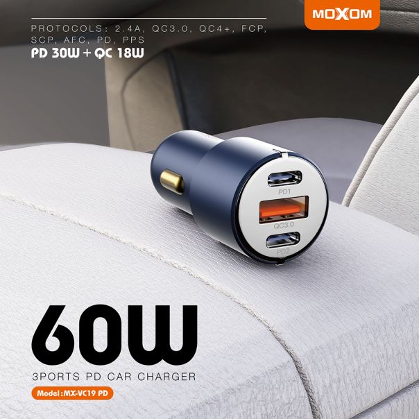 MOXOM Auto punjač MX-VC19 60W 3 ports, crna - A709