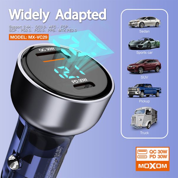 MOXOM Auto punjač MX-VC29 USB-A+PD 60W, crna - A710