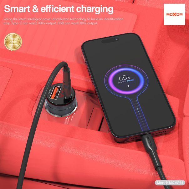 MOXOM Auto punjač MX-VC44 USB-A 18W+Type-C PD30W bez kabla, crna - A718