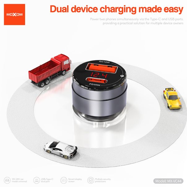 MOXOM Auto punjač MX-VC44 USB-A 18W+Type-C PD30W bez kabla, crna - A718