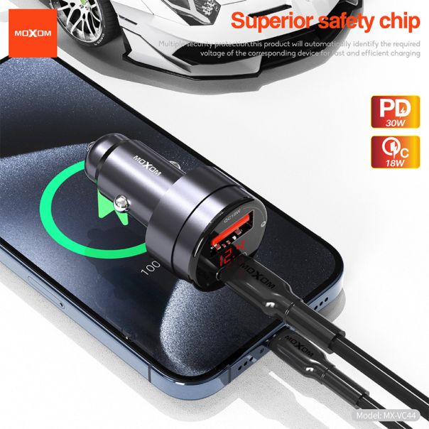 MOXOM Auto punjač MX-VC44 USB-A 18W+Type-C PD30W bez kabla, crna - A718