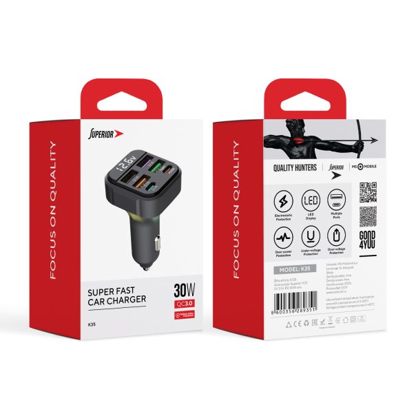 SUPERIOR Auto punjač K35 5V 3.1A, PD 30W, crna - A725