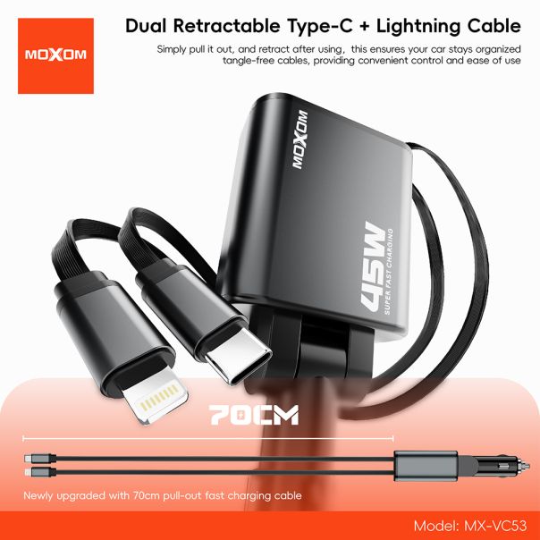 Auto punjac Moxom MX-VC53 USB & Type C output  + Type C & lightning cable output 30W crni - EP3159965