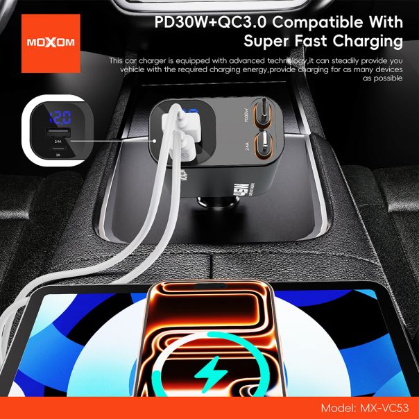 Auto punjac Moxom MX-VC53 USB & Type C output  + Type C & lightning cable output 30W crni - EP3159965