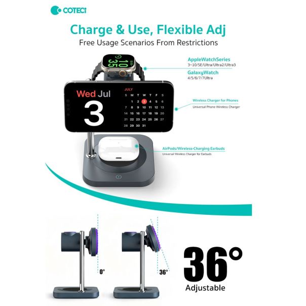 Wireless punjac Coteci BS-025 3u1 za mobilni telefon/slusalice/pametni sat crni - EP2808265
