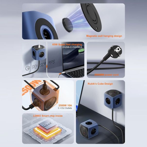 Produzni kabl LDNIO SE3338, 3 uticnice, USB, 2xPD, 6u1, GAN, 65W total power - 224830