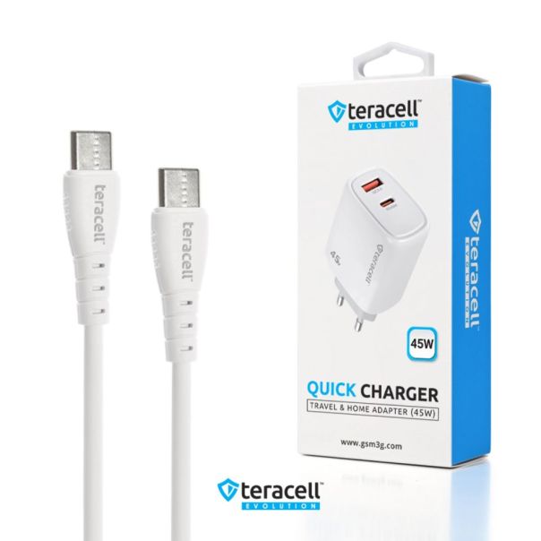 Kucni punjac Teracell Evolution TC-19, GAN, QC, PD Fast charging 45W sa PD type C kablom beli CE - 223692