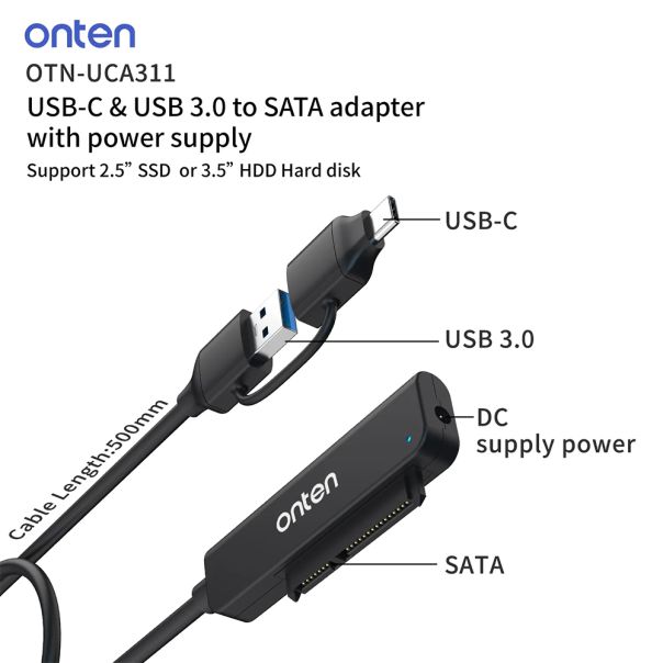 Adapter USB 3.0 + USB Type-C na SATA 2.5'' 5Gbps 50cm (OTN-UCA311) Onten - EP3032410