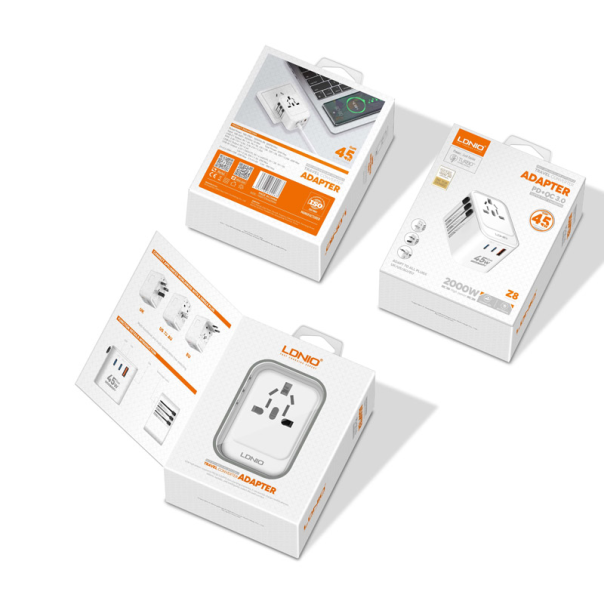LDNIO Adapter strujni travel Z8 UK/EU/US/AU 1xUSB + 2xUSB-C 45W beli - 618979