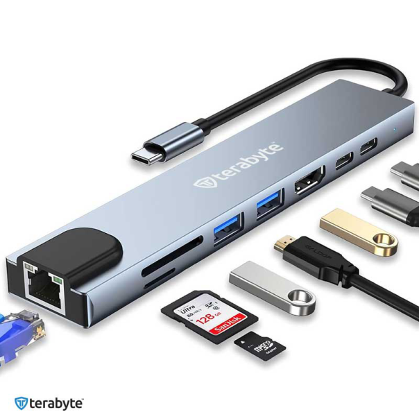 Adapter Terabyte Type C na RJ45 2xUSB 3.0 HDMI 2xPD SD TF 8 u 1 sivi - 220869-1