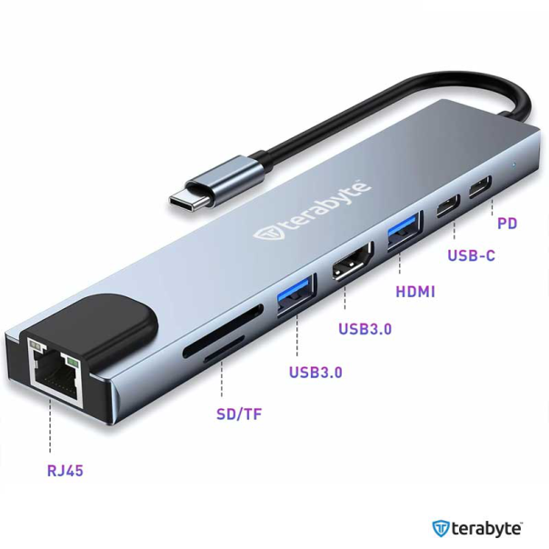 Adapter Terabyte Type C na RJ45 2xUSB 3.0 HDMI 2xPD SD TF 8 u 1 sivi - 220869-1