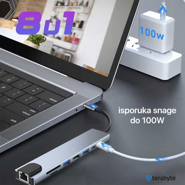 Adapter Terabyte Type C na RJ45 2xUSB 3.0 HDMI 2xPD SD TF 8 u 1 sivi - 220869-1