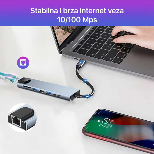 Adapter Terabyte Type C na RJ45 2xUSB 3.0 HDMI 2xPD SD TF 8 u 1 sivi - 220869-1