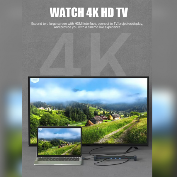 Adapter Type C JWD-TC45 na LAN, PD, HDMI, Type C, 3x USB 3.0, SD, TF,  3.5mm 10 u 1 sivi - 223264