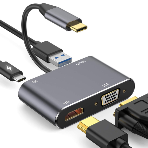 Adapter Type C na HDMI VGA PD USB3.0 4 u 1 sivi - 208955