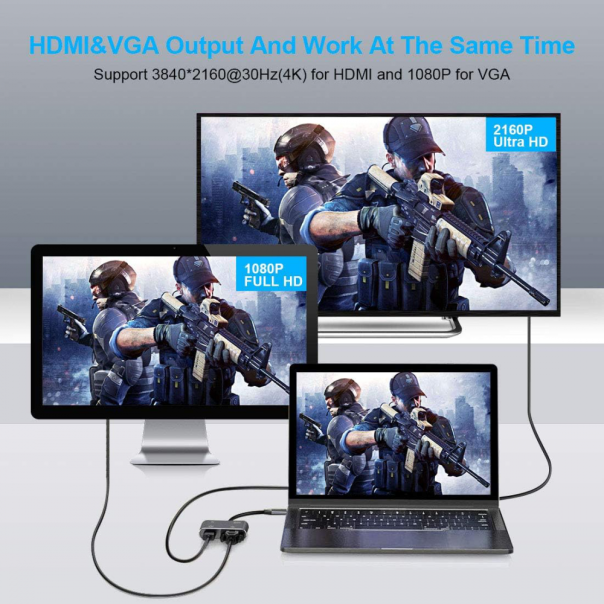 Adapter Type C na HDMI VGA PD USB3.0 4 u 1 sivi - 208955