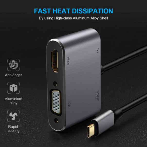 Adapter Type C na HDMI VGA PD USB3.0 4 u 1 sivi - 208955