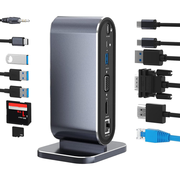 Adapter Type C na LAN Gb, SD card, TF, PD, Type C, 4xUSB 3.0, Audio, HDMI i VGA 12 u 1 sa postoljem - 207960