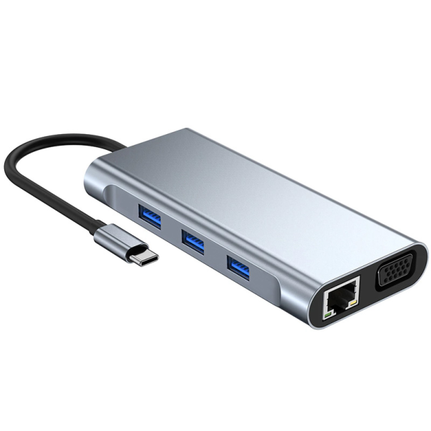 Adapter Type C na LAN Gb, SD card, TF, Type C, 3xUSB 3.0, Audio, HDMI i VGA 10 u 1 20cm kabl - 207957
