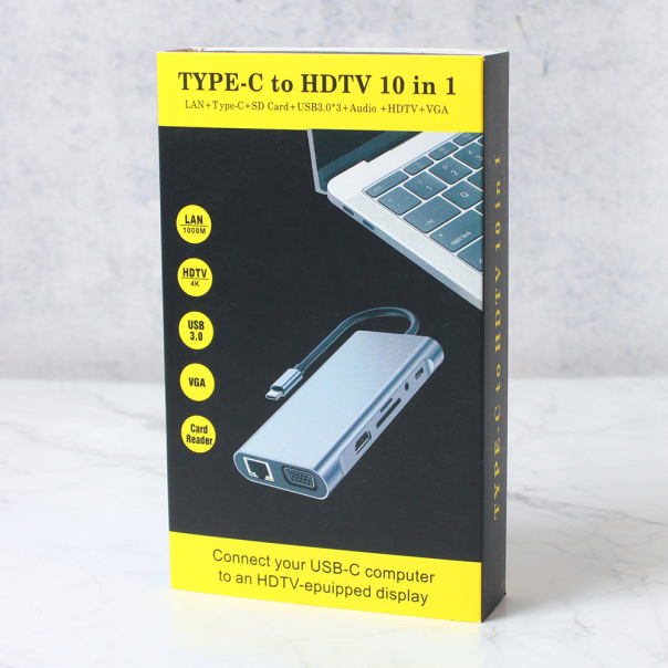 Adapter Type C na LAN Gb, SD card, TF, Type C, 3xUSB 3.0, Audio, HDMI i VGA 10 u 1 20cm kabl - 207957