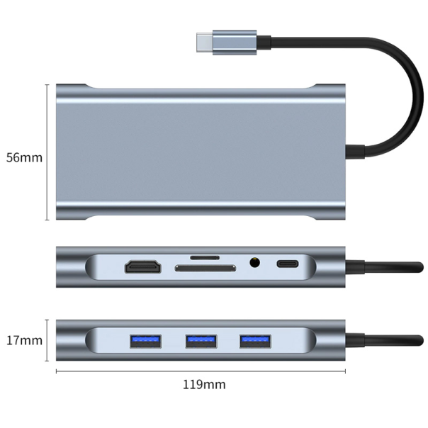 Adapter Type C na LAN Gb, SD card, TF, Type C, 3xUSB 3.0, Audio, HDMI i VGA 10 u 1 20cm kabl - 207957-1