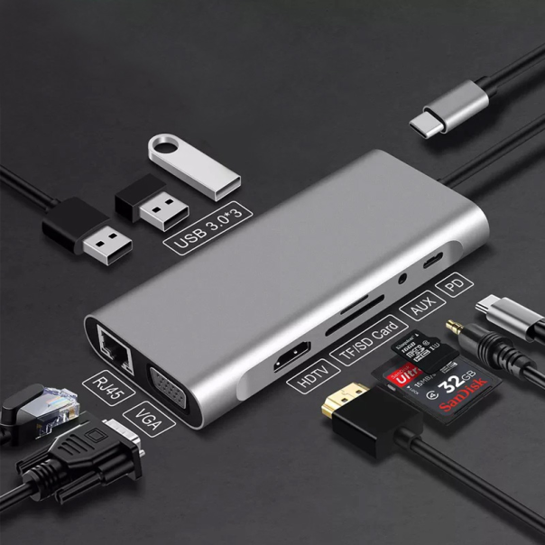 Adapter Type C na LAN Gb, SD card, TF, Type C, 3xUSB 3.0, Audio, HDMI i VGA 10 u 1 20cm kabl - 207957-1