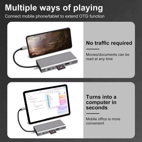 Adapter Type C na LAN Gb, SD card, TF, Type C, 3xUSB 3.0, Audio, HDMI i VGA 10 u 1 20cm kabl - 207957-1