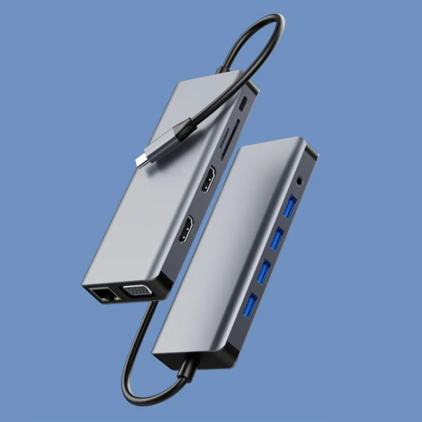Adapter type C na LAN Gb SD card TF, Type C, 3xUSB 3.0, USB 2.0, Audio, 2xHDMI i VGA 12 u 1 20cm - 207958-1