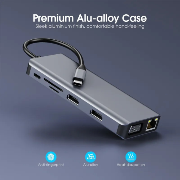 Adapter type C na LAN Gb SD card TF, Type C, 3xUSB 3.0, USB 2.0, Audio, 2xHDMI i VGA 12 u 1 20cm - 207958-1