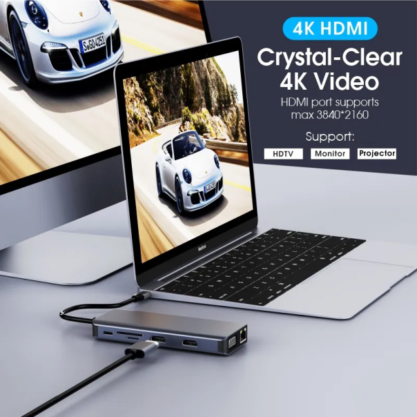 Adapter Type C na LAN Gb SD card TF Type C 3xUSB 3.0 USB 2.0 Audio 2xHDMI i VGA 12 u 1 20cm - 207958