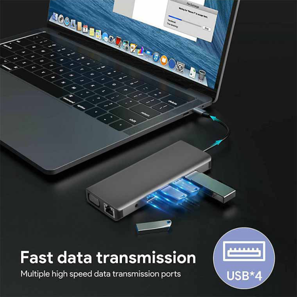 Adapter Type C na LAN Gb SD card TF Type C 3xUSB 3.0 USB 2.0 Audio 2xHDMI i VGA 12 u 1 20cm - 207958