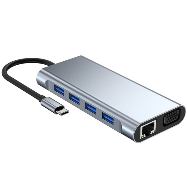 Adapter Type C na LAN Gb, SD card, TF, Type C, 4xUSB 3.0, Audio, HDMI i VGA 11 u 1 20cm kabl - 207963