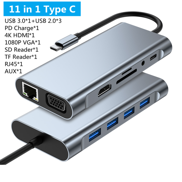 Adapter Type C na LAN Gb, SD card, TF, Type C, 4xUSB 3.0, Audio, HDMI i VGA 11 u 1 20cm kabl - 207963-1