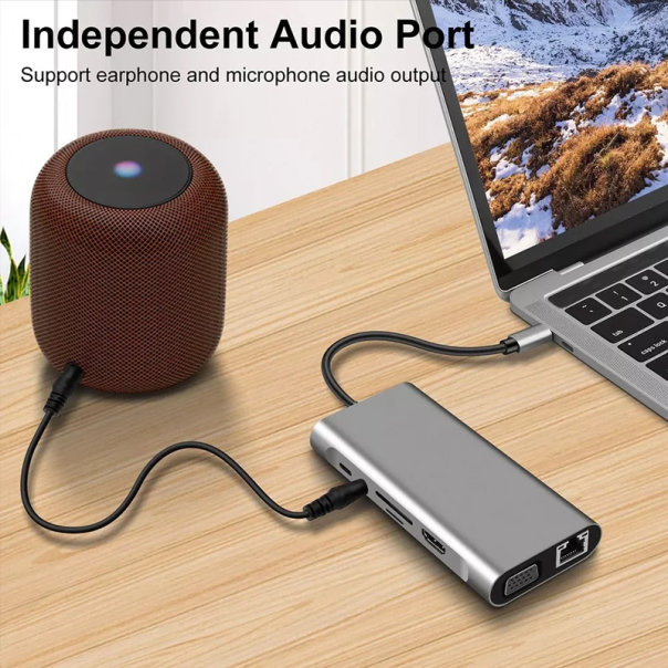 Adapter Type C na LAN Gb, SD card, TF, Type C, 4xUSB 3.0, Audio, HDMI i VGA 11 u 1 20cm kabl - 207963-1