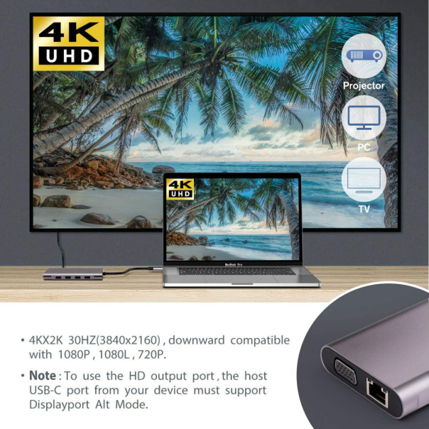 Adapter Type C na LAN Gb, SD card, TF, Type C, 4xUSB 3.0, Audio, HDMI i VGA 11 u 1 20cm kabl - 207963